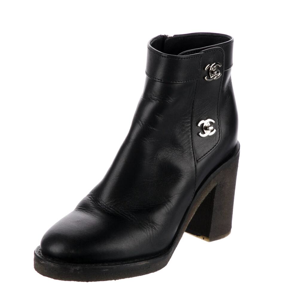 Chanel Black Calfskin Leather Turnlock CC Ankle Boots Booties